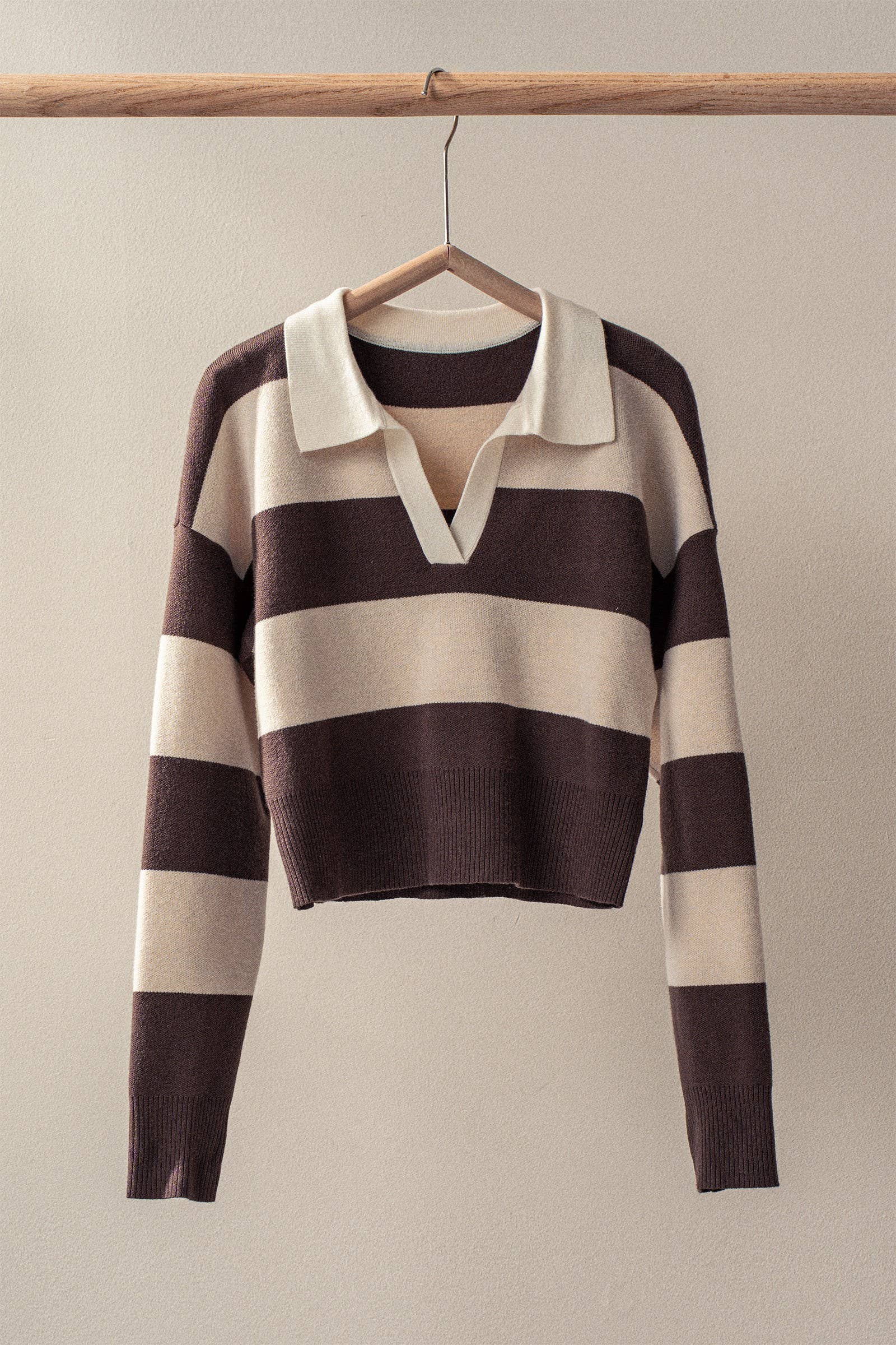 cream and dark brown slightly cropped polo light weight sweater wide horizontal stripes ribbed cuffs and hem drop shoulder 