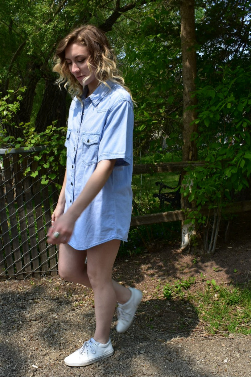 Denim shirt dress snap button down double breast pockets light wash short sleeve First Love the revival online
