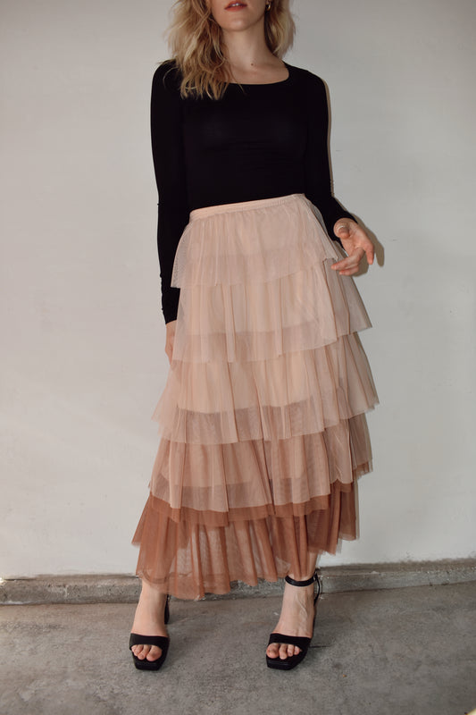 layered ruffle tiered midi skirt with raw hem and elastic waist colors are gradient light to dark from the top being a light blush and the bottom being a light mocha color - tutu fabric and its lined 