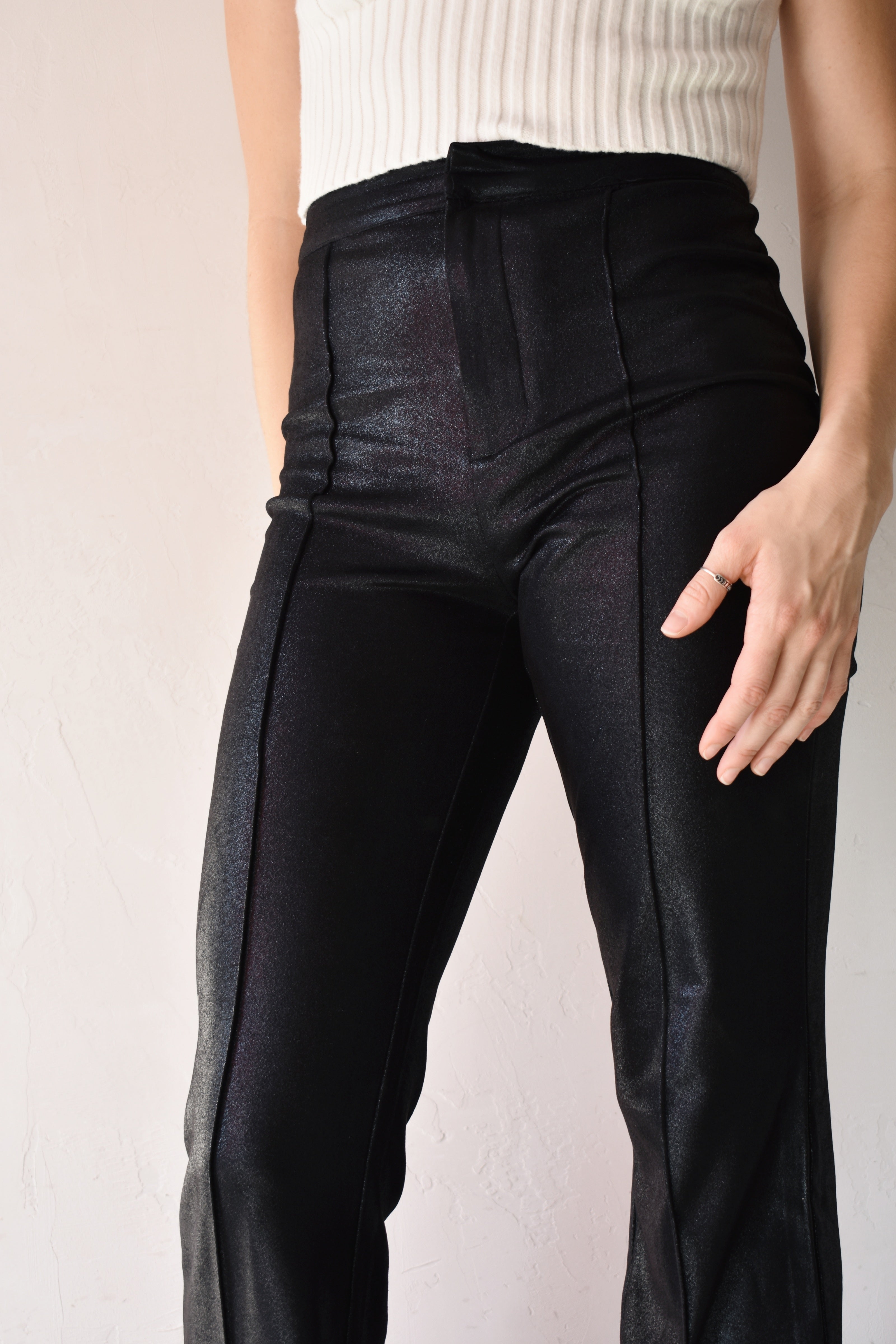 Black Faux Leather Leatherette Pintuck Leggings High Waist Pants Fleece  inside