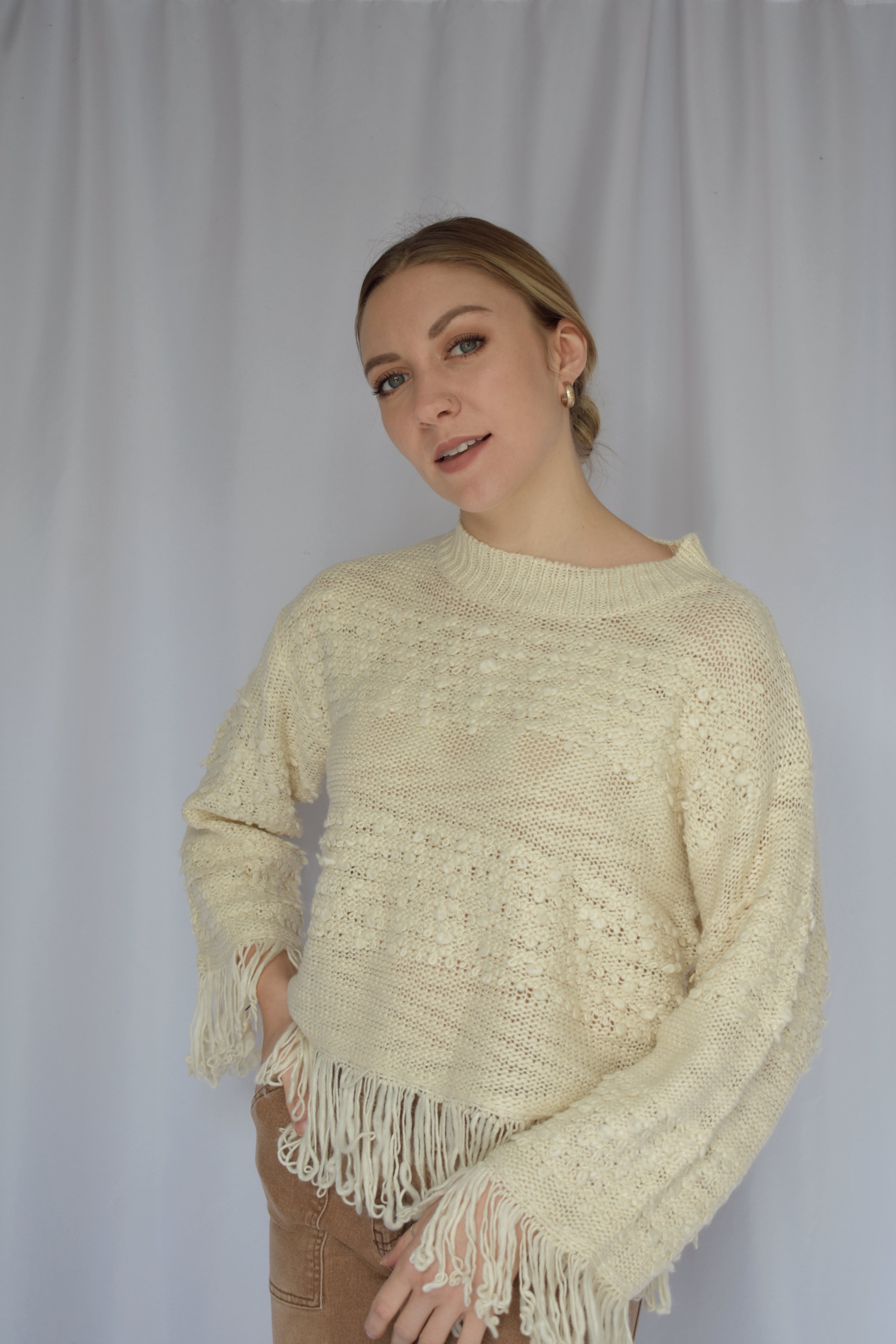 Ellison crocheted popcorn fringe trim cream cropped sweater us