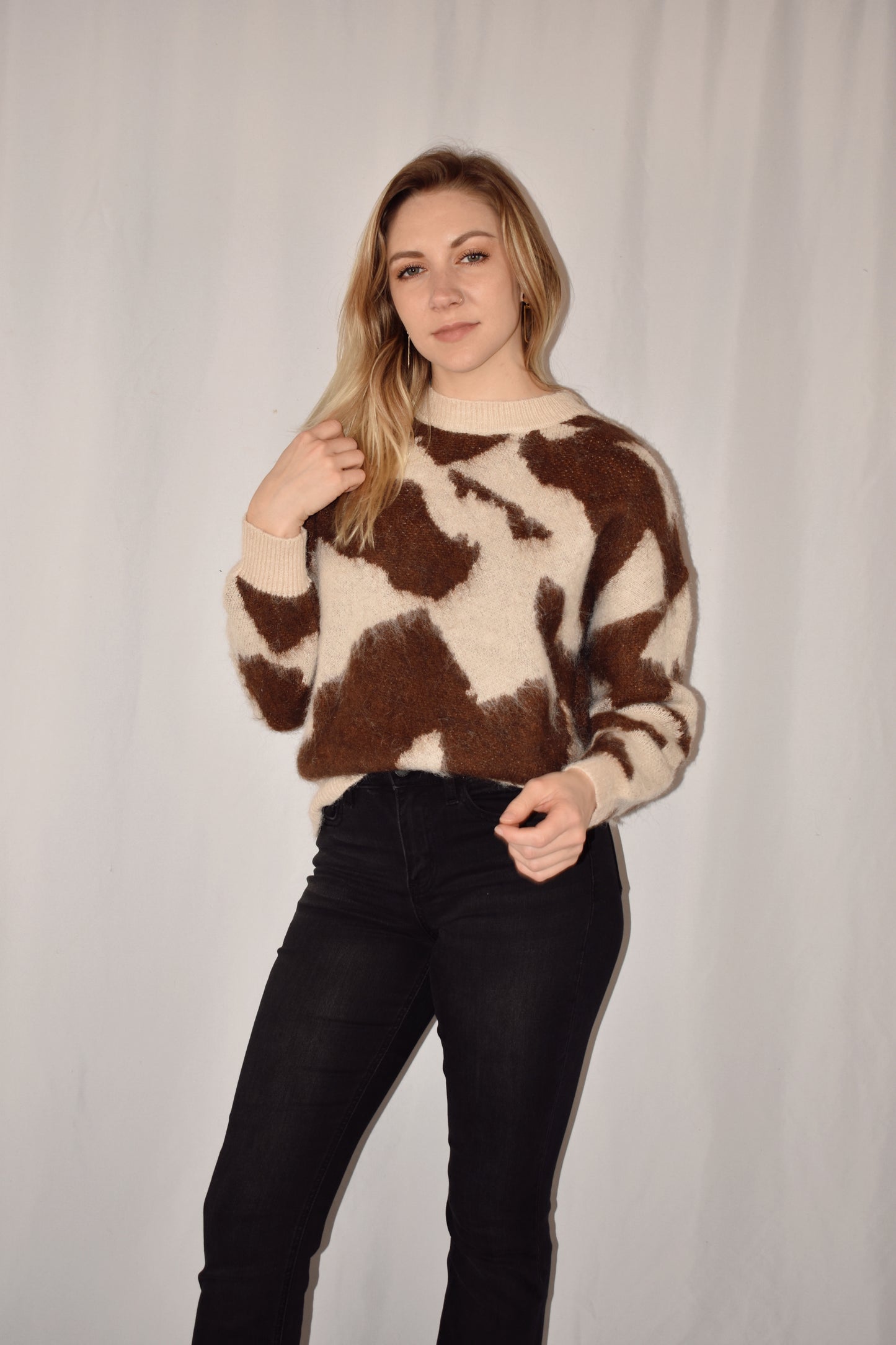 mohair texture brown and cream full length sweater cow print crew neck