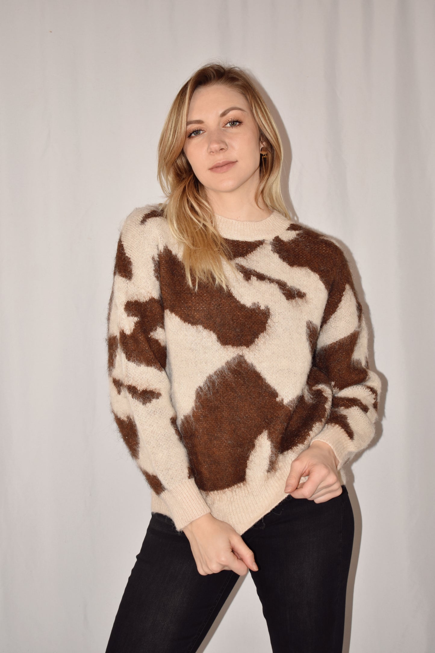 mohair texture brown and cream full length sweater cow print crew neck