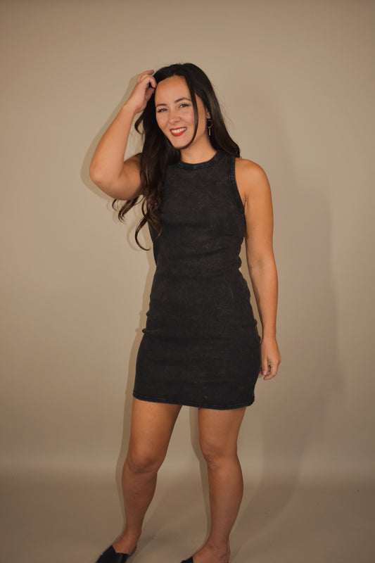 ribbed tank mini dress. fittted and stretchy material. crew neck and racerback. 