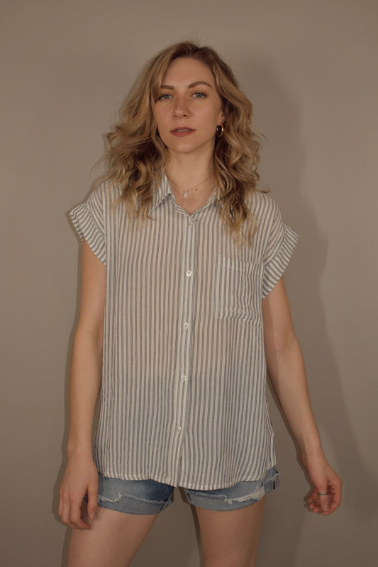 full length striped button down with one breast pocket and cuffed cap short sleeves