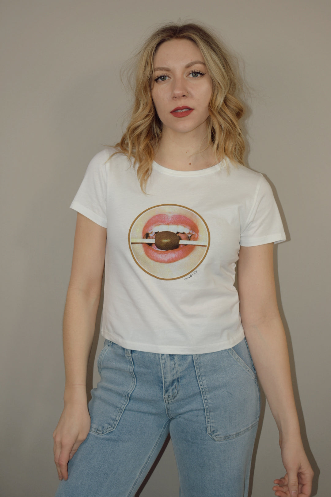 graphic baby and boxy cropped tee with retro vibe lips mouth olive edgy 100% cotton