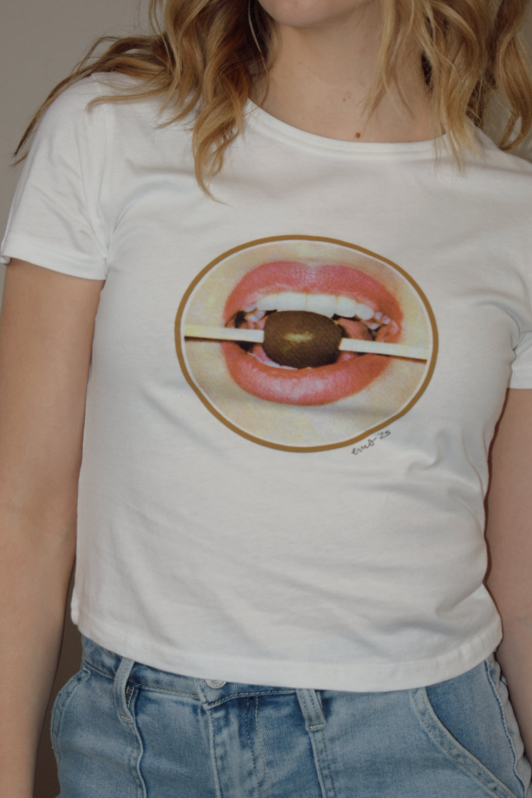 graphic baby and boxy cropped tee with retro vibe lips mouth olive edgy 100% cotton