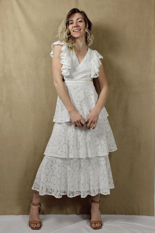 Flying Tomato white tiered lace midi dress bride ruffled cap sleeves v neck the revival