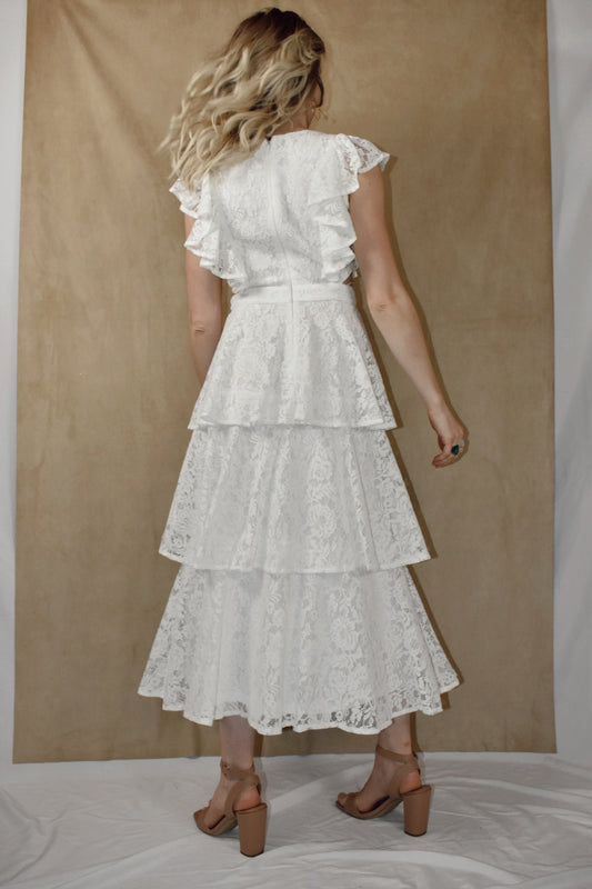 Flying Tomato white tiered lace midi dress bride ruffled cap sleeves v neck the revival