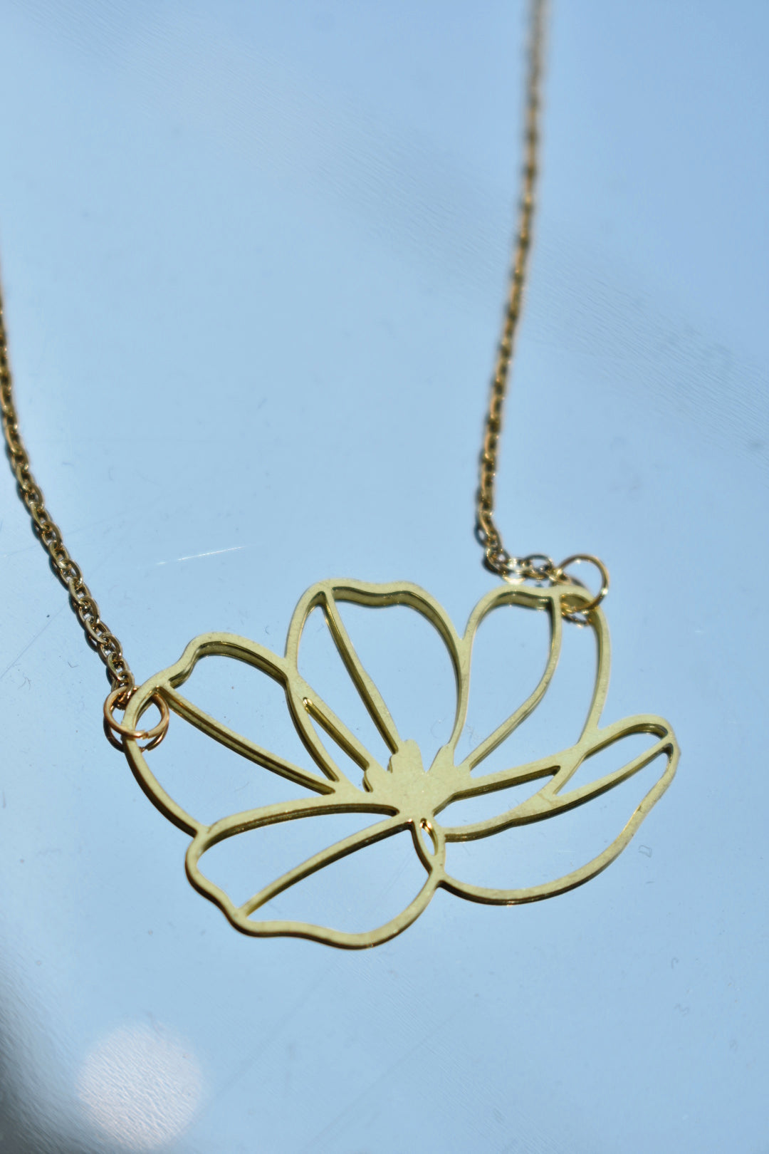 laser-cut brass peony pendant gold necklace 18.5" stainless steel chain