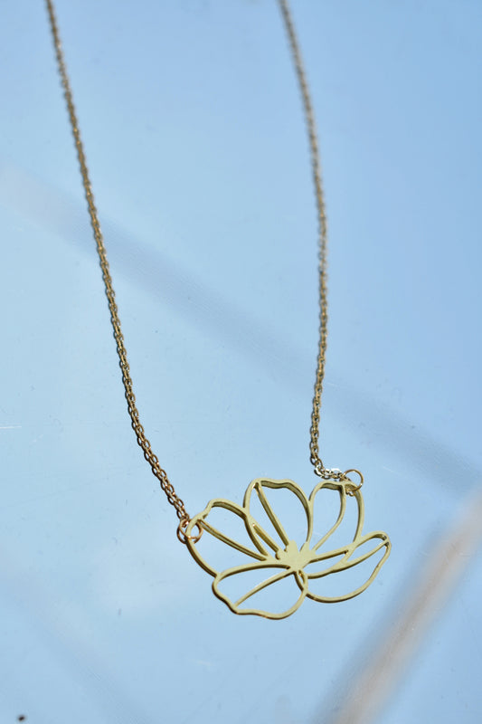 laser-cut brass peony pendant gold necklace 18.5" stainless steel chain