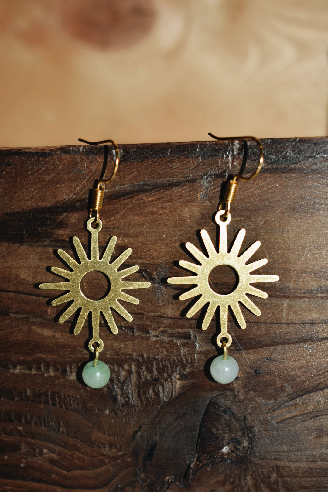  green aventurine beads with a raw brass sun pendant gold earrings