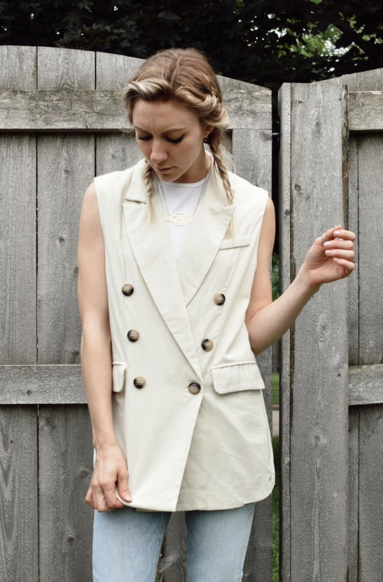 cotton double breasted blazer vest with marbled buttons full length front pockets Hyfve the revival