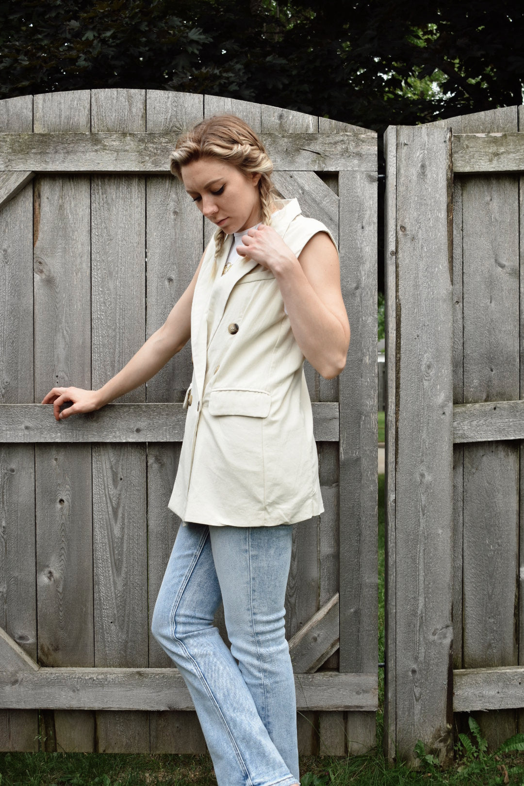 cotton double breasted blazer vest with marbled buttons full length front pockets Hyfve the revival