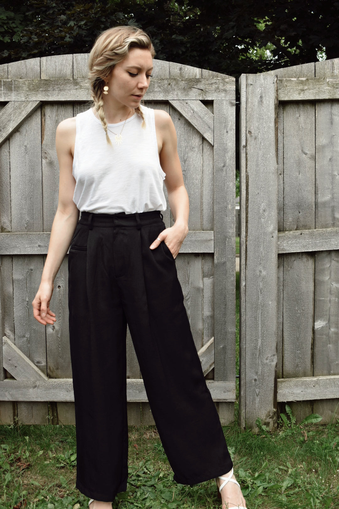 wide leg trousers single front pleat with elastic waistband in back work pants dressy pockets Listicle the revival