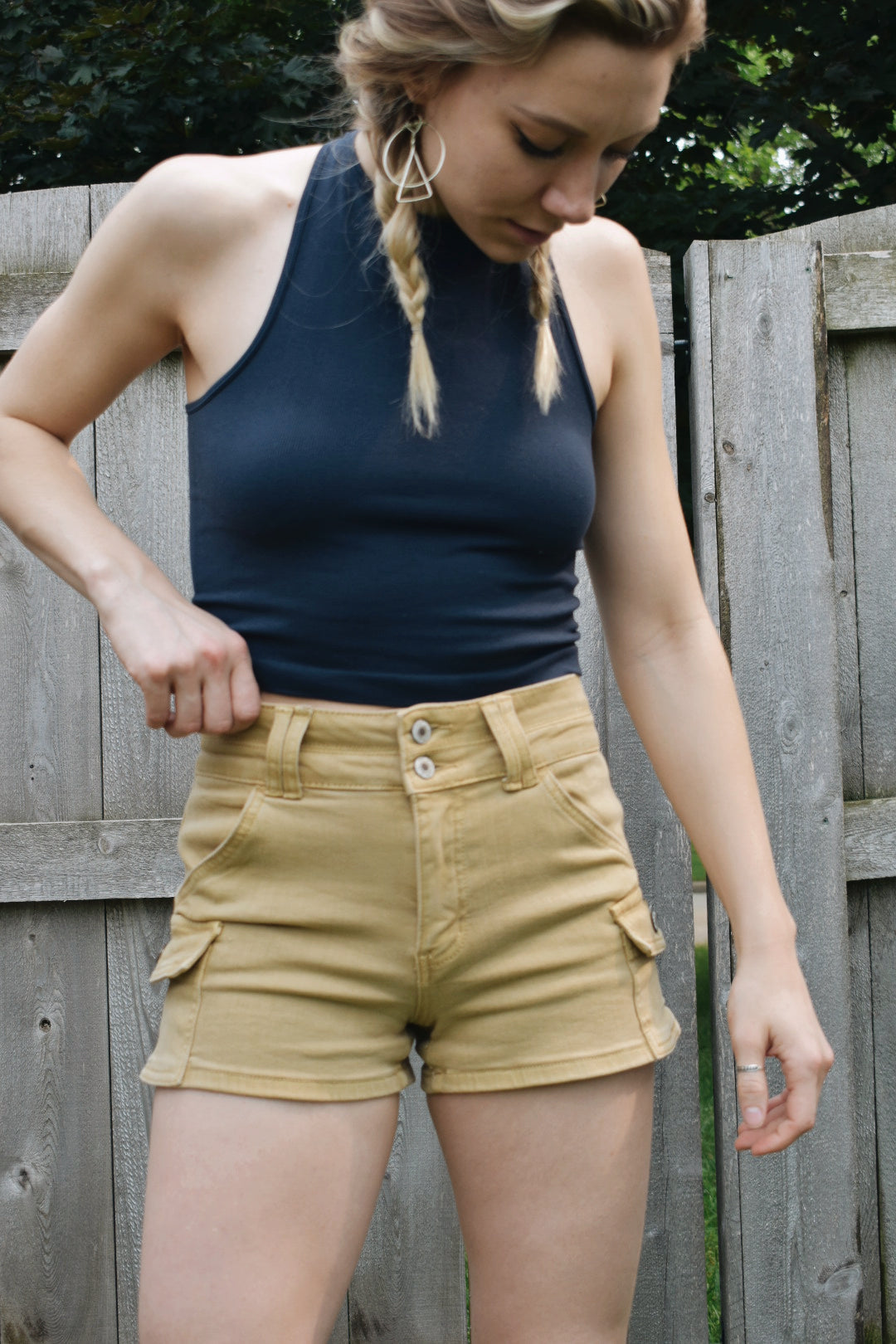 khaki cargo shorts stretch denim vervet the revival