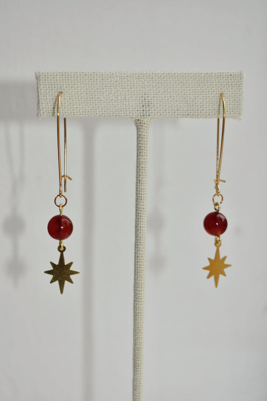 semi-precious stone red aventurine laser cut brass star pendant and elongated gold plated ear wires gold earrings