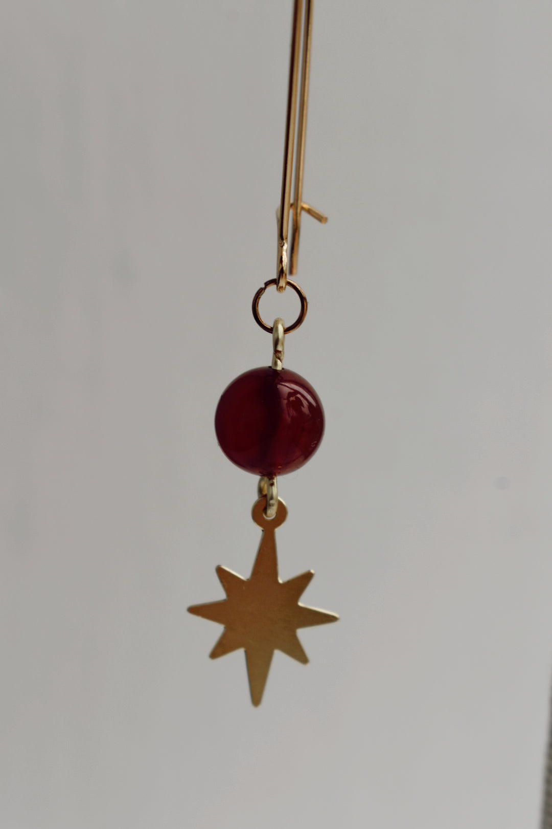 semi-precious stone red aventurine laser cut brass star pendant and elongated gold plated ear wires gold earrings