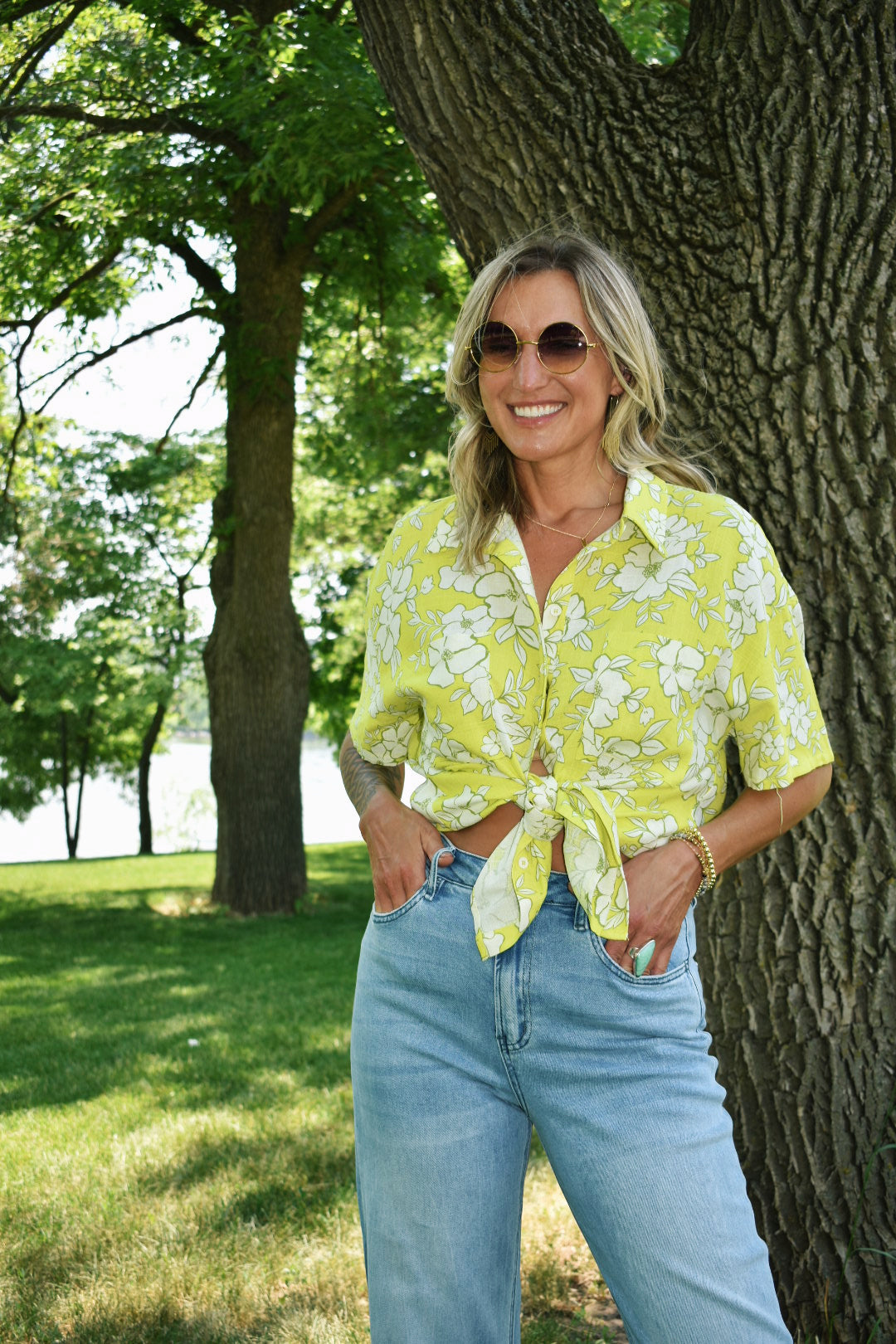 short sleeve neon yellow floral button down full length flying tomato the revival 
