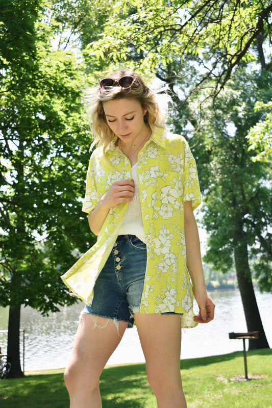 short sleeve neon yellow floral button down full length flying tomato the revival 