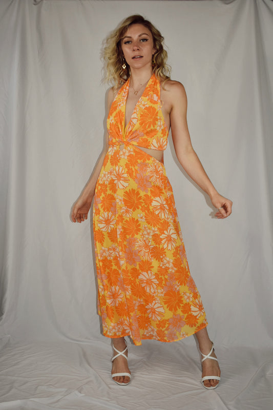 retro flower orange white yellow midi dress with halter neckline v neck cut outs on side open back flying tomato the revival
