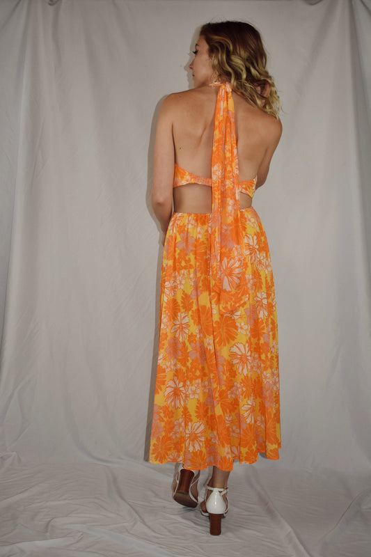 retro flower orange white yellow midi dress with halter neckline v neck cut outs on side open back flying tomato the revival