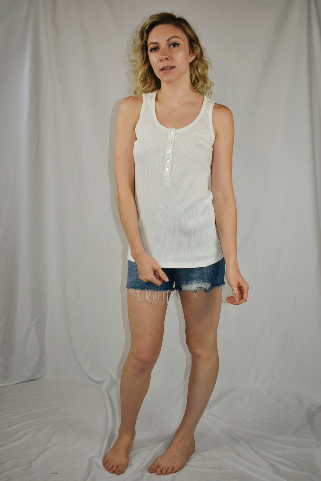 white ribbed scoop neck tank top full length buttons on front mittoshop the revival