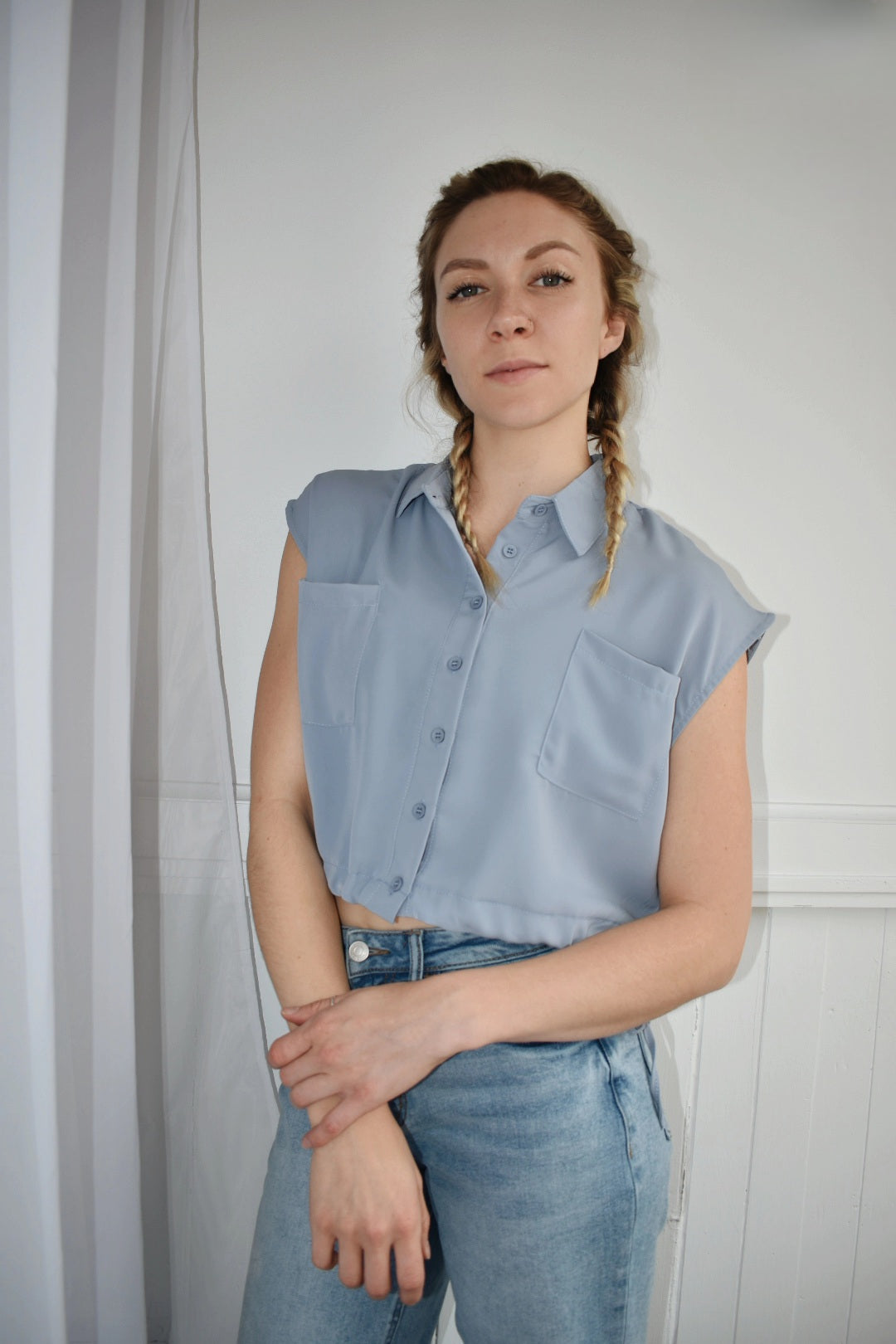 drawstring waist button down sleeveless cap sleeve cropped shirt top light blue sky hyfve the revival