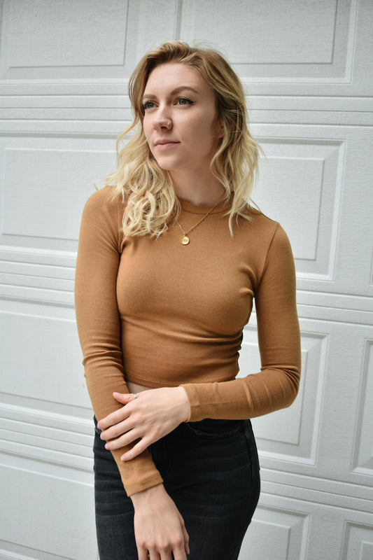 pale brown long steeve essential fitted cropped top with round neck. Stretchy, comfortable, the brand is Hyfve.