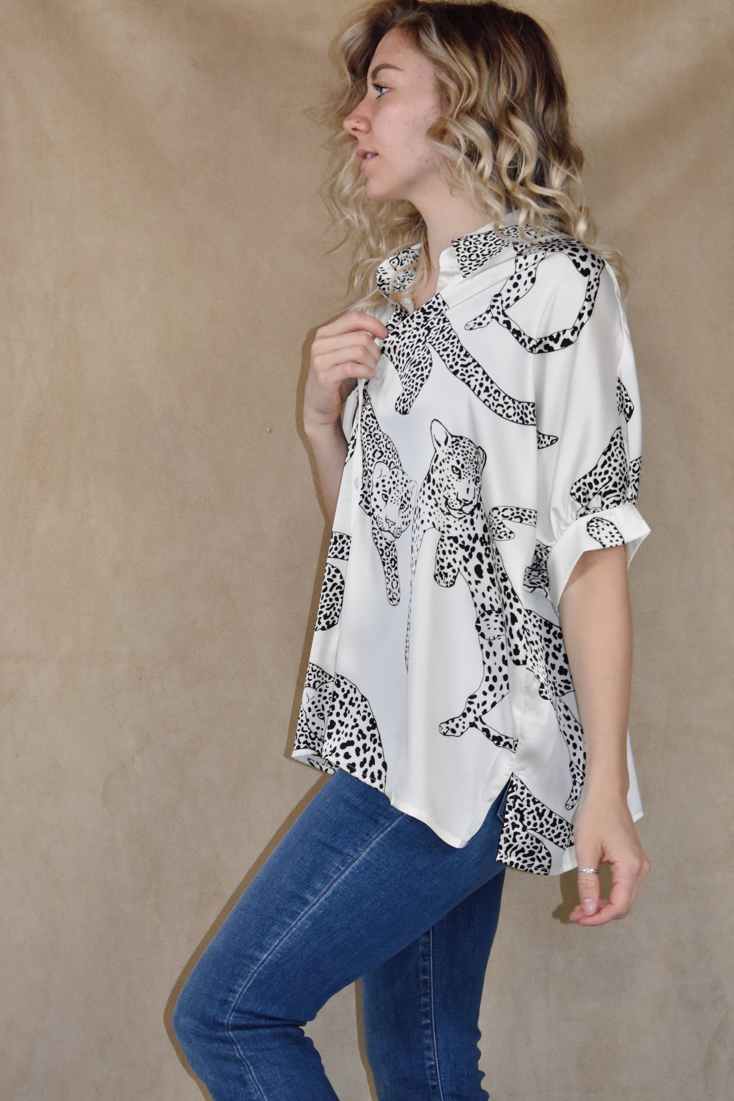 satin leopard body print button down blouse with collar and bubble dolman sleeves. oversized fit