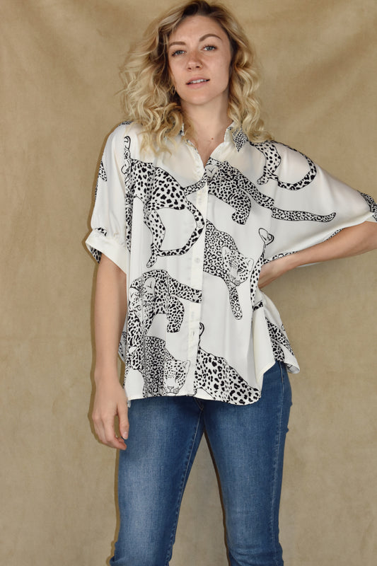 satin leopard body print button down blouse with collar and bubble dolman sleeves. oversized fit