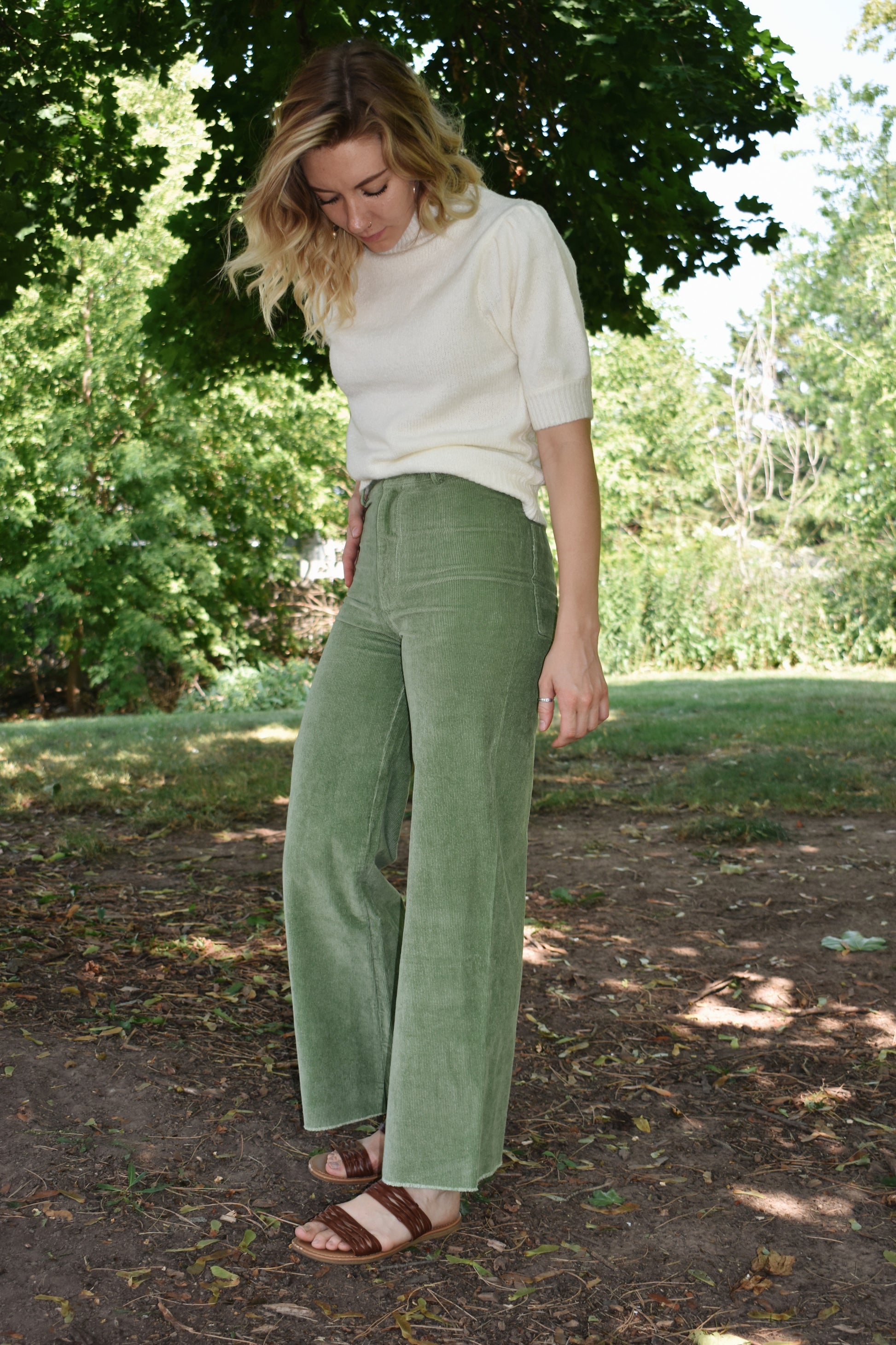 High waisted leaf green corduroy pants wide leg slim fit front zip and button closure