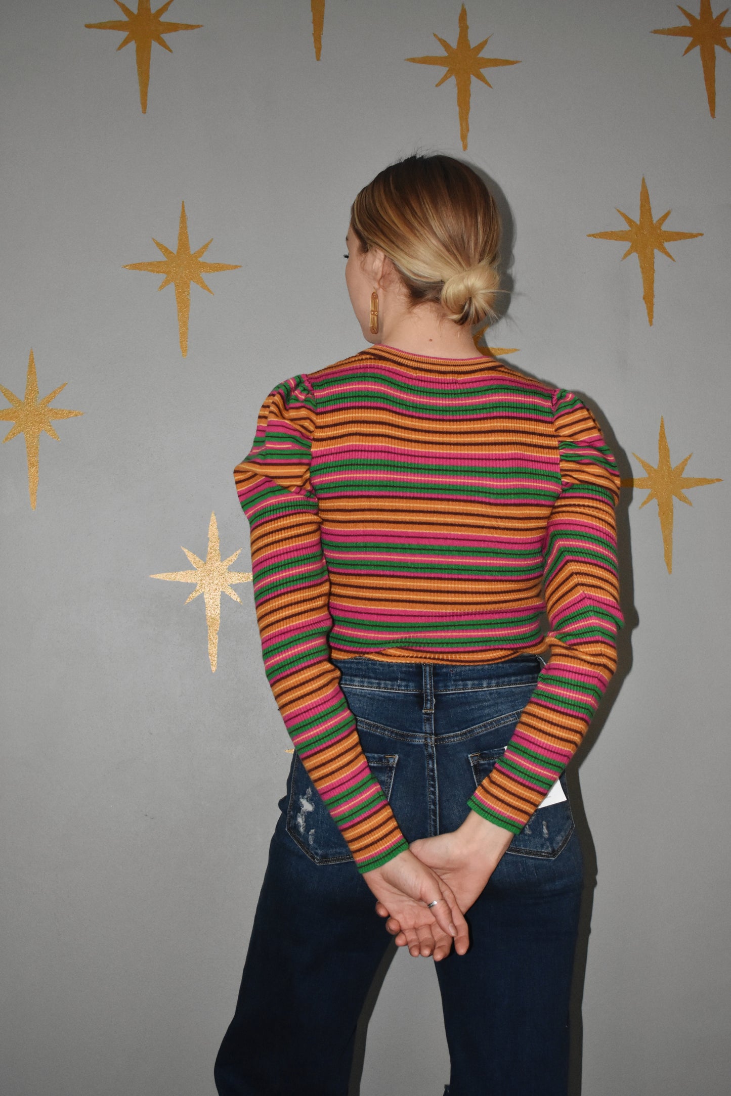 vintage style multicolored striped shirt with long puff sleeves fitted round neckline