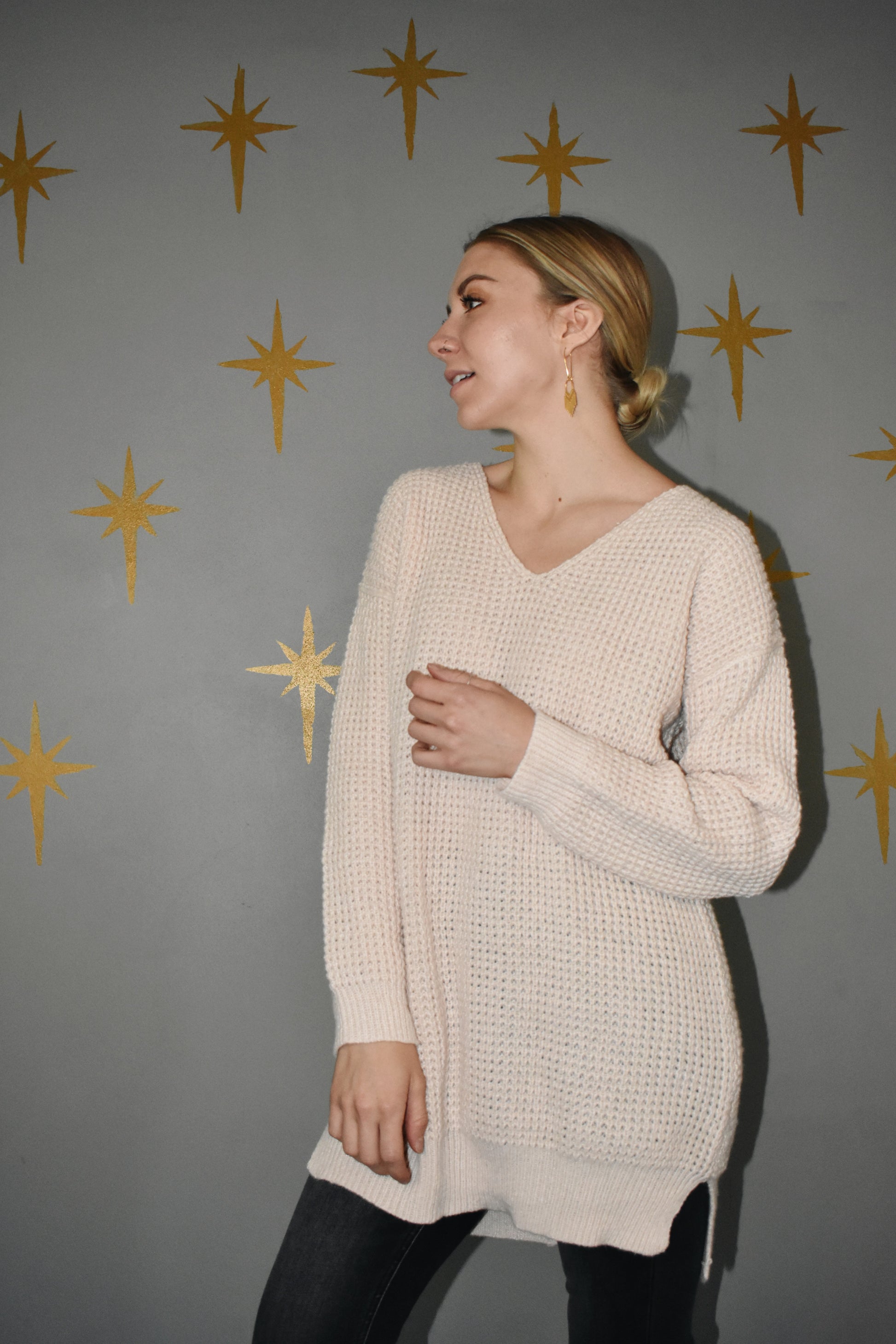 ribbed knit v neck oversized slouchy sweater drop shoulder tunic length champagne