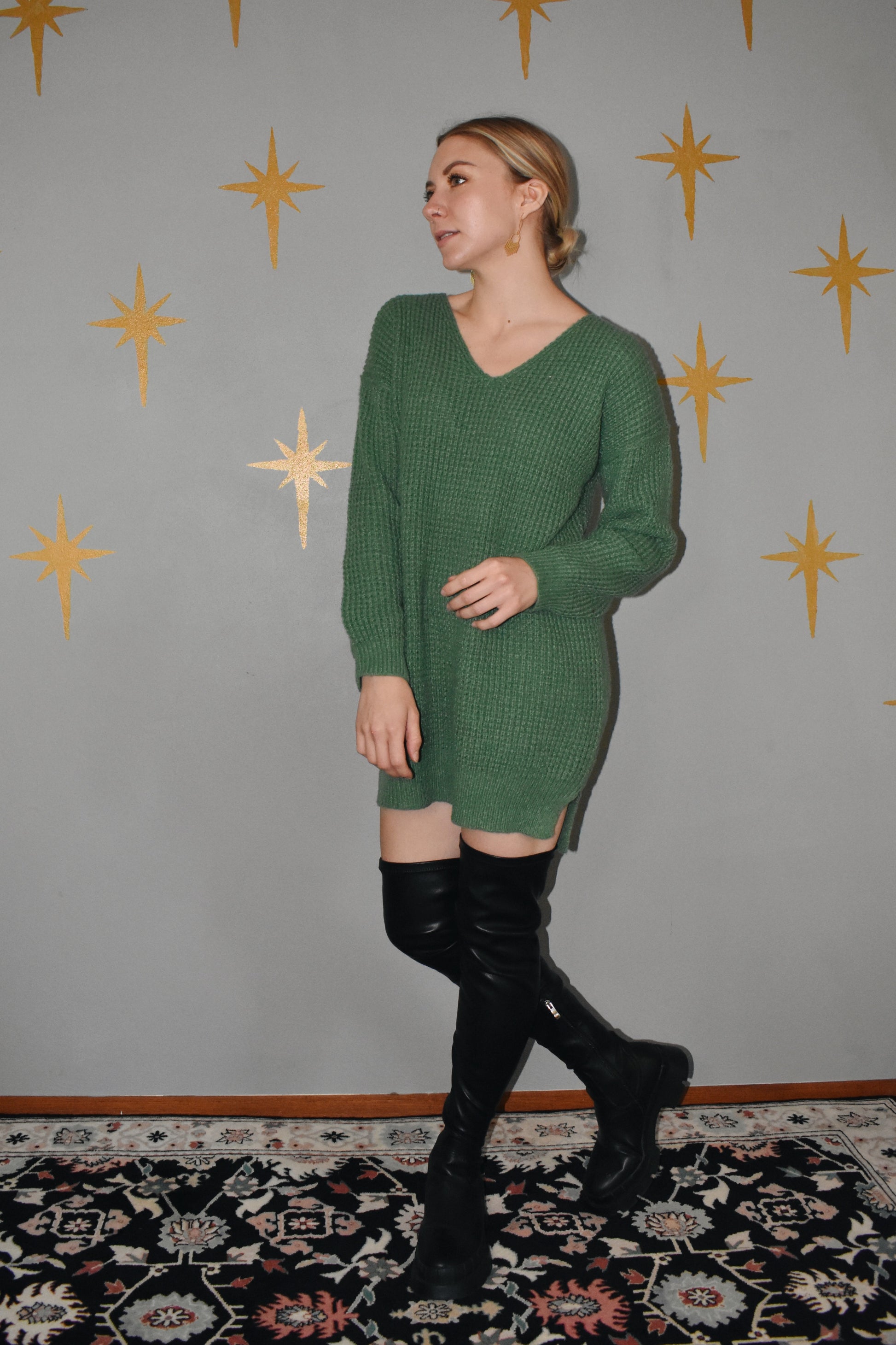 ribbed knit v neck oversized slouchy sweater drop shoulder tunic length forest green