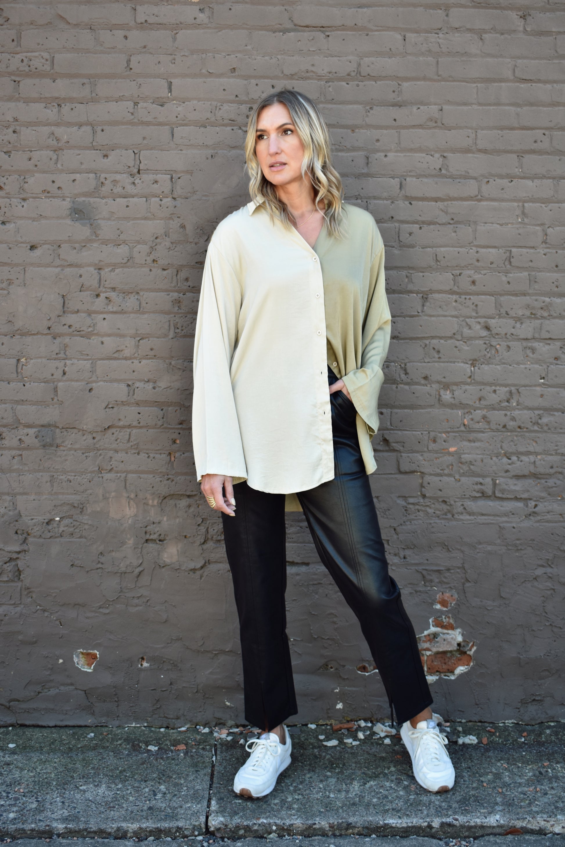 chic button down full length oversized wide sleeves half olive half cream 