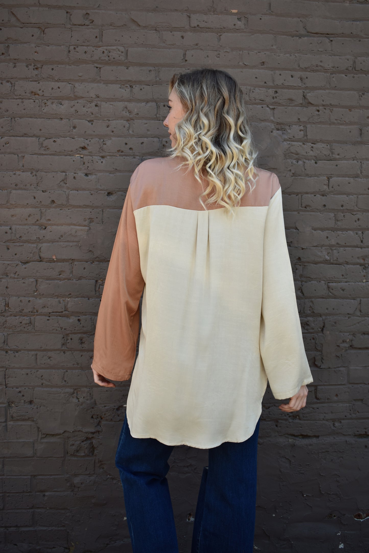 chic button down full length oversized wide sleeves half mauve half cream 