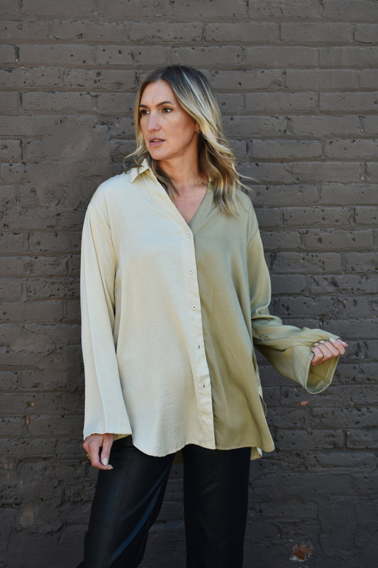 chic button down full length oversized wide sleeves half olive half cream 