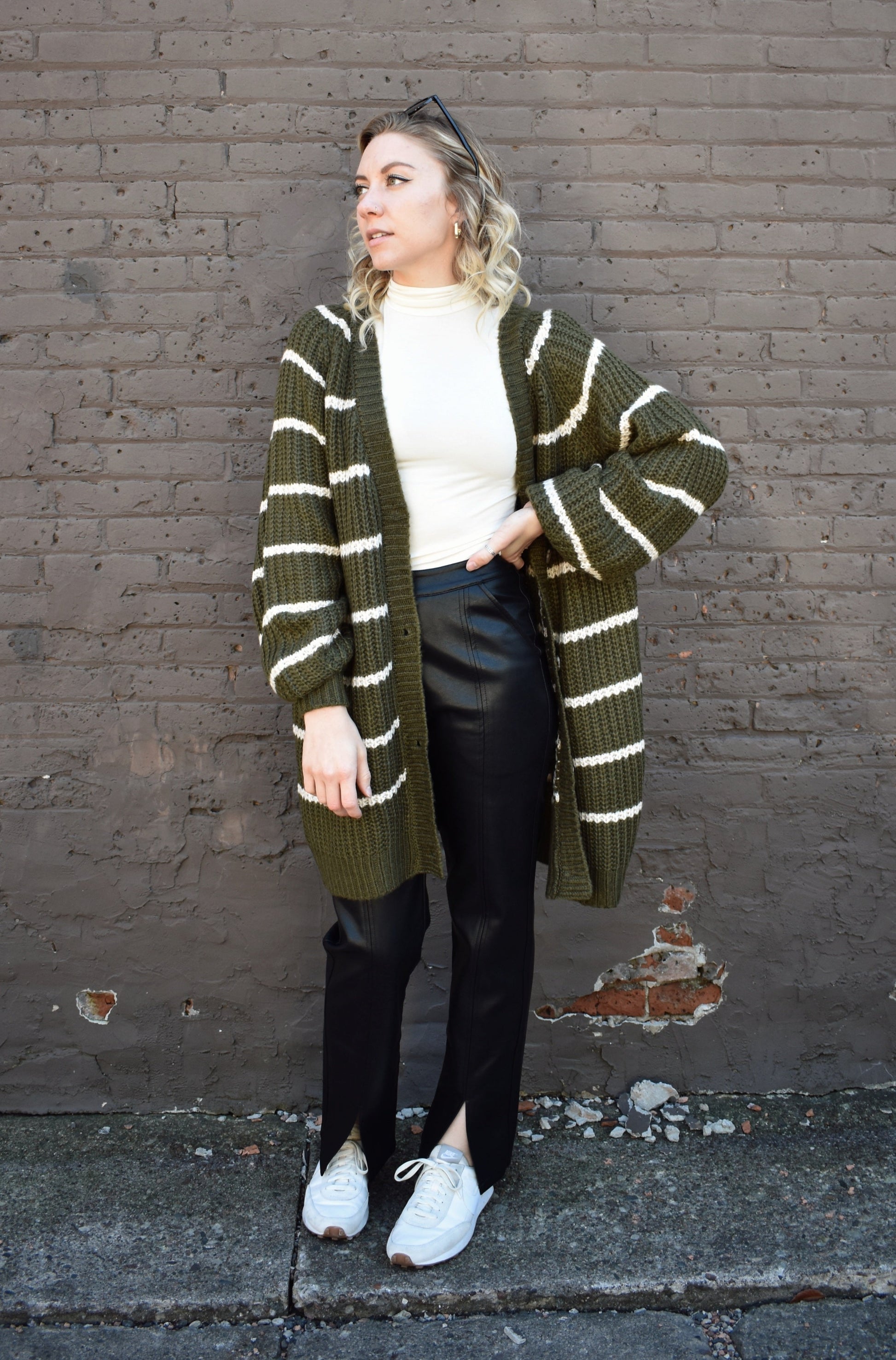 oversized long knit cardigan. olive with cream stripes. button front.