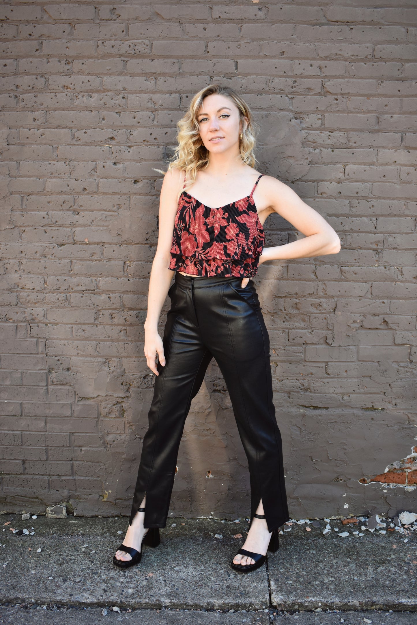 Pleated black, red and tan floral print cropped cami top (flowy) and high waisted wide leg pants set