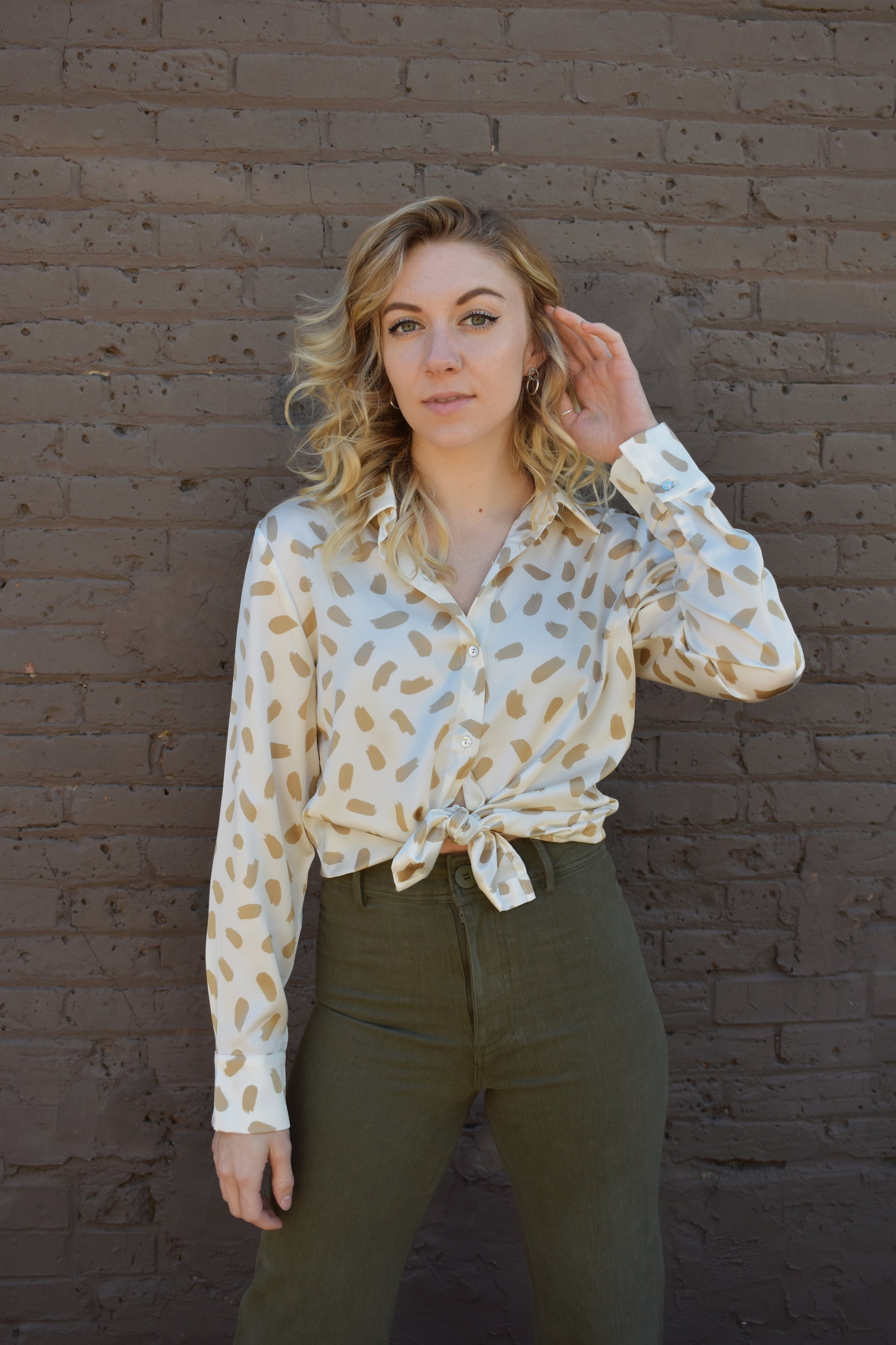taupe and ivory brush stroke pattern on a satin long sleeve button down blouse. Full length, button cuffs, crisp collar.