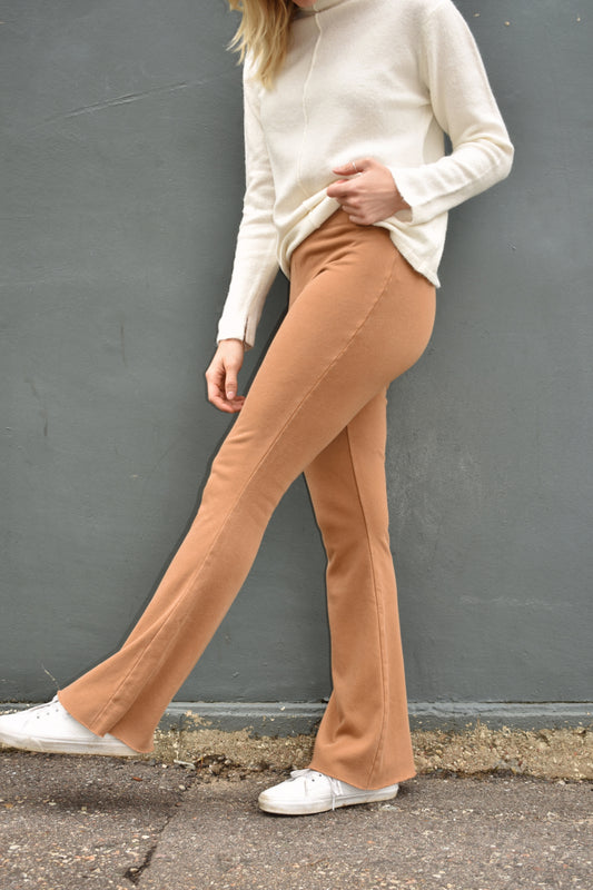pale brown mid rise flare athleisure pants elastic waistband
