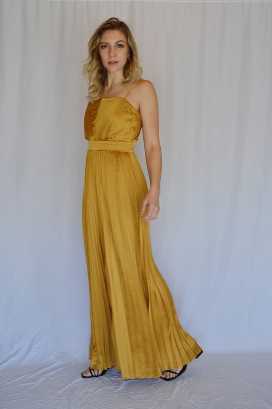 marigold satin pleated extra wide leg jumpsuit with spaghetti straps and band at waist with hidden zipper enclosure of back straight across neckline