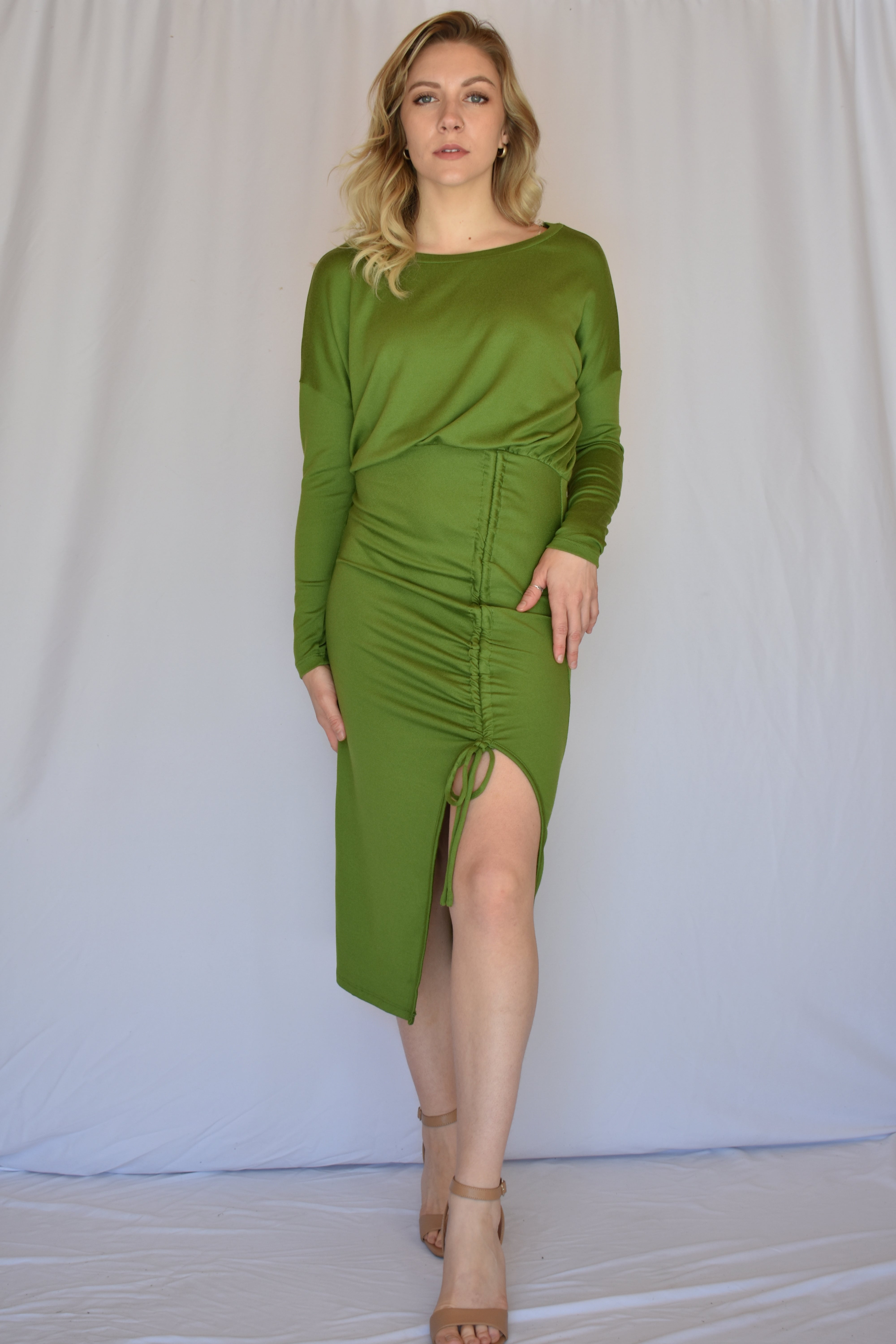 hyfve double zero long sleeve ruched bodycon green chartreuse midi