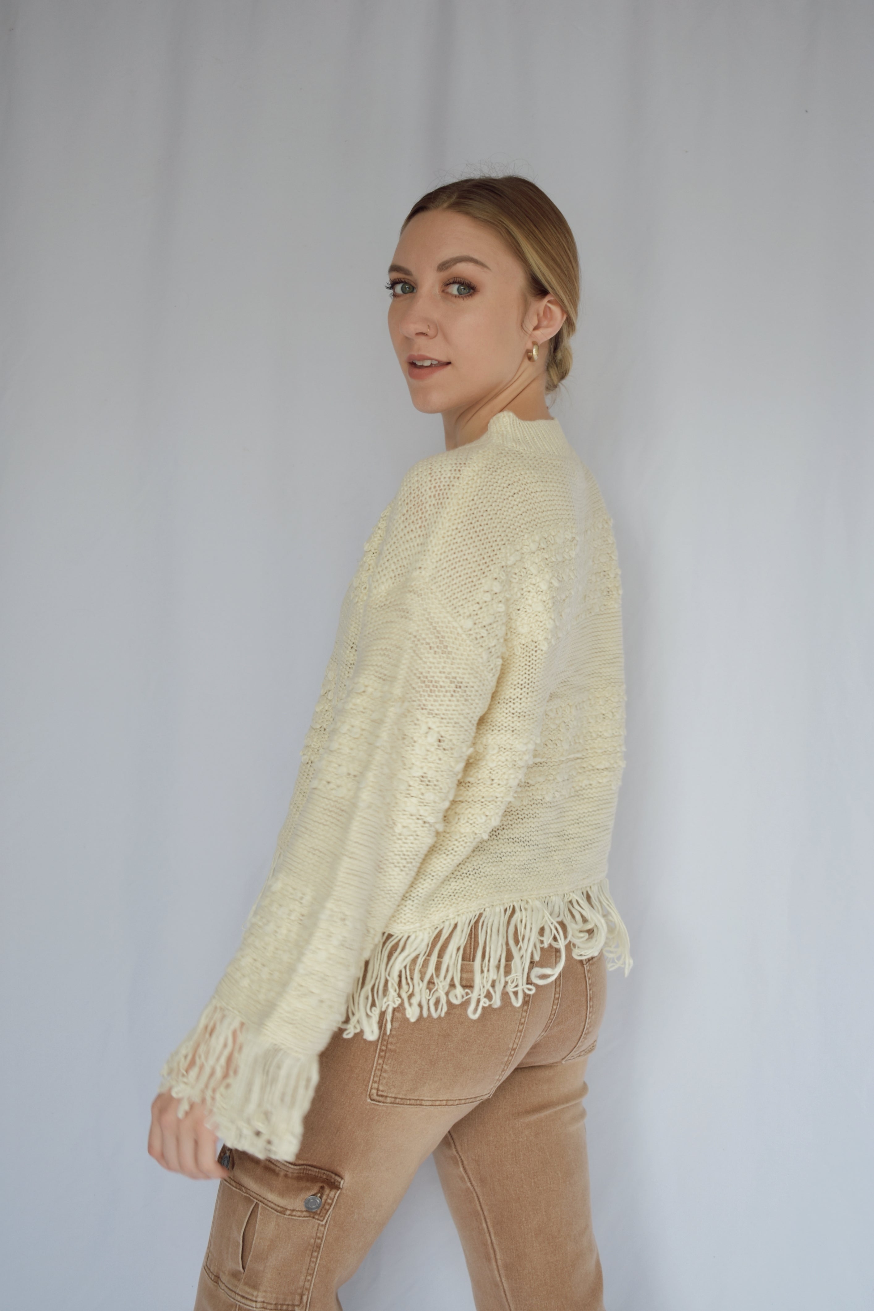 Ellison crocheted popcorn fringe trim cream cropped sweater us