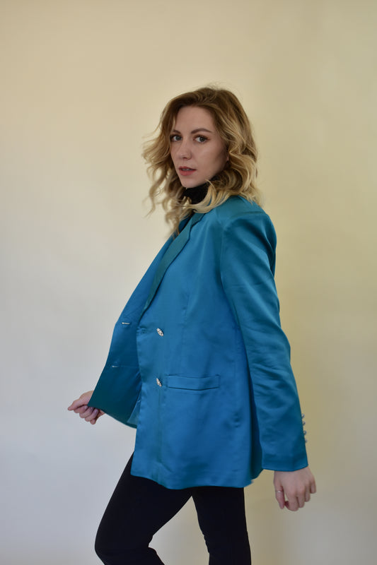 teal satin oversized blazer with embellished buttons