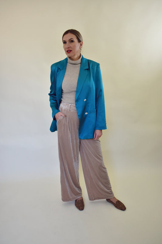 teal satin oversized blazer with embellished buttons