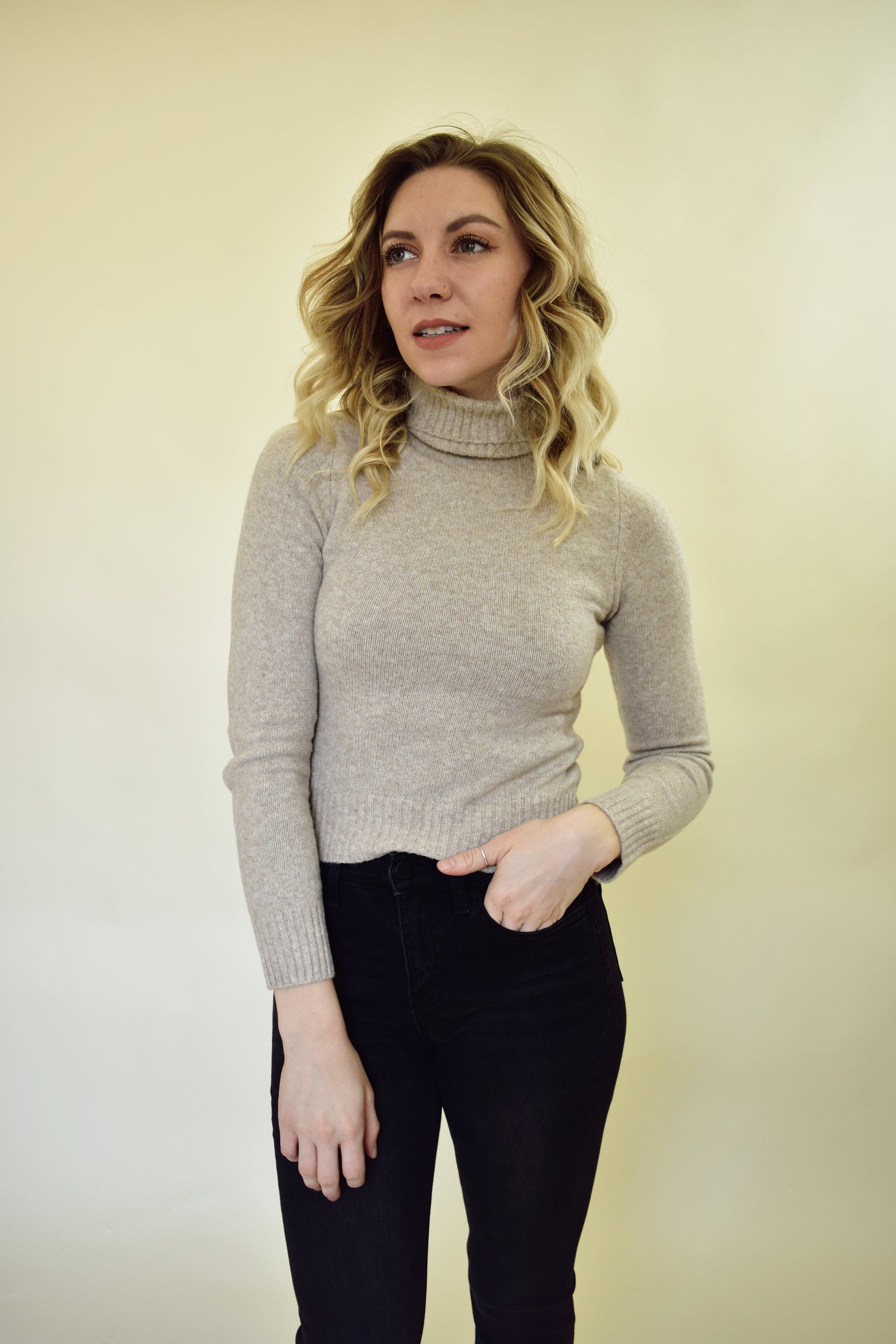 oatmeal turtleneck fitted sweater with thick ribbed hem and cuffs 