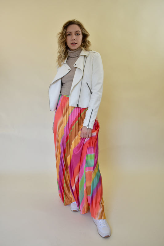 diagonal rainbow pleated satin maxi skirt with waist band and zip enclosure