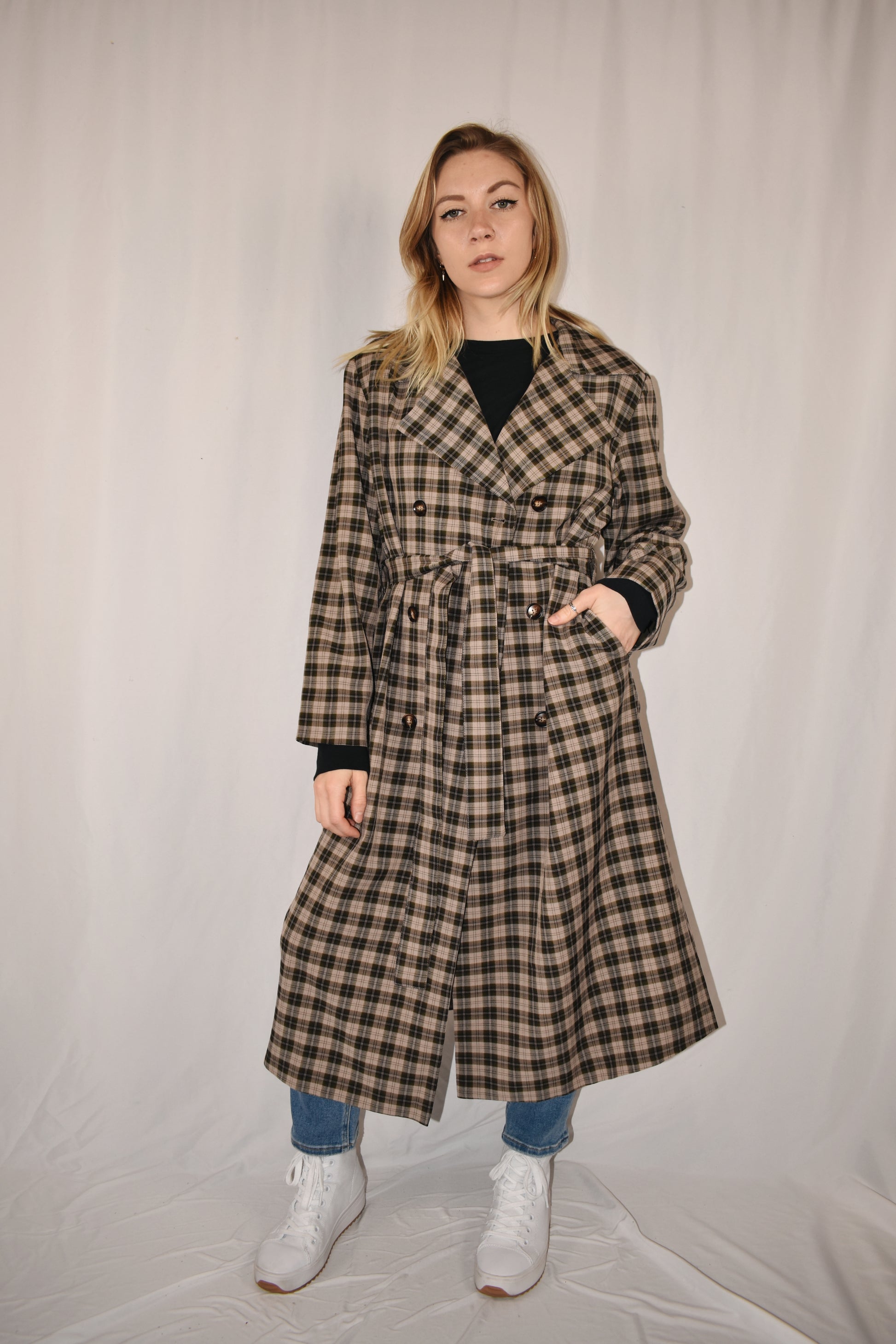 grey, black and taupe plaid trench coat with olive satin lining 